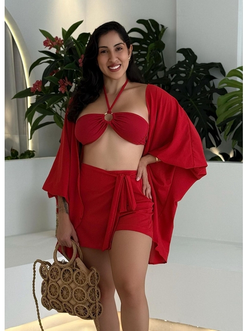 SAÍDA DE PRAIA KIMONO COM SHORT SAIA SEDINHA VERMELHA COLEÇÃO CALIENTE