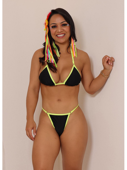 BIQUÍNI CORTININHA CALCINHA COM REGULADOR PRETO COM VERDE NEON COLEÇÃO ESQUENTA FOLIA