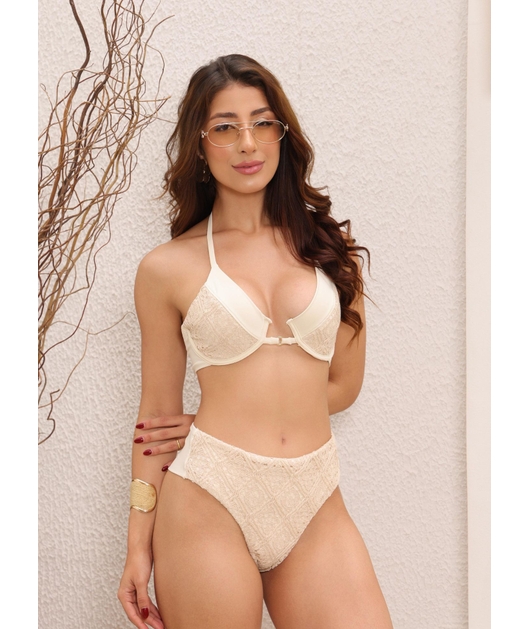 BIQUÍNI MEIA TAÇA CROCHÊ CALCINHA ALTA NUDE COLEÇÃO BRISA