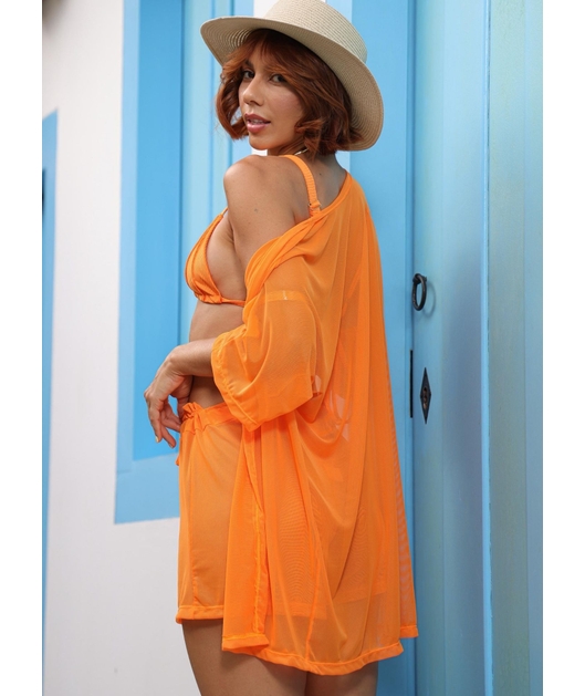 SAÍDA DE PRAIA KIMONO COM SHORT LARANJADO NO TULE COLEÇÃO IBIZA