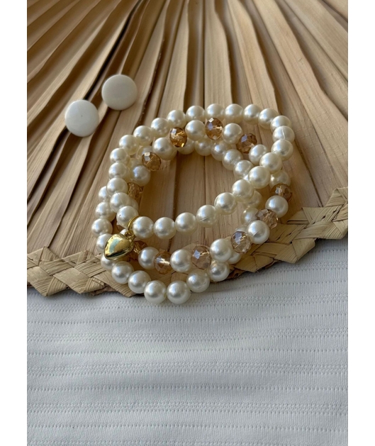 ACESSÓRIO DE PRAIA KIT BRINCO E PULSEIRA PÉROLAS OFF WHITE