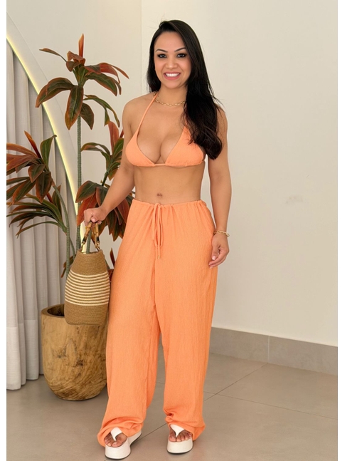 SAÍDA DE PRAIA CALÇA NO CHIFFON LARANJADA