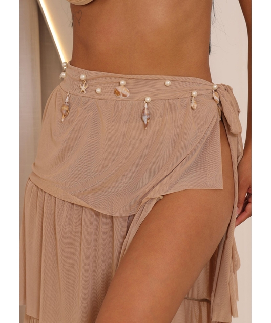 SAÍDA DE PRAIA NO TULE SAIA BABADO CONCHAS NUDE COLEÇÃO FESTEJAR CM01