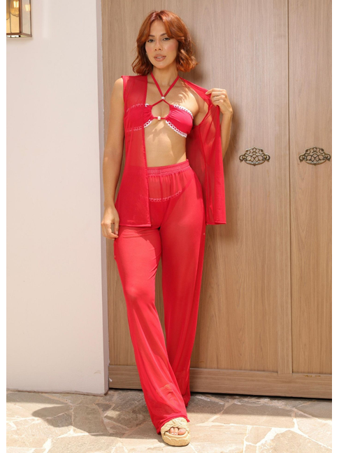 SAÍDA DE PRAIA KIMONO REGATA COM CALÇA NO TULE VERMELHO COLEÇÃO OUSADIA