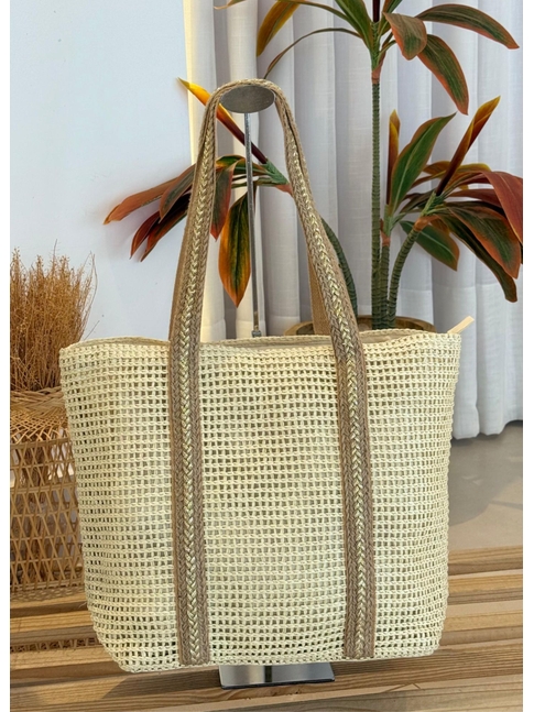BOLSA DE PALHA GRANDE OFF WHITE ALÇAS BEGE