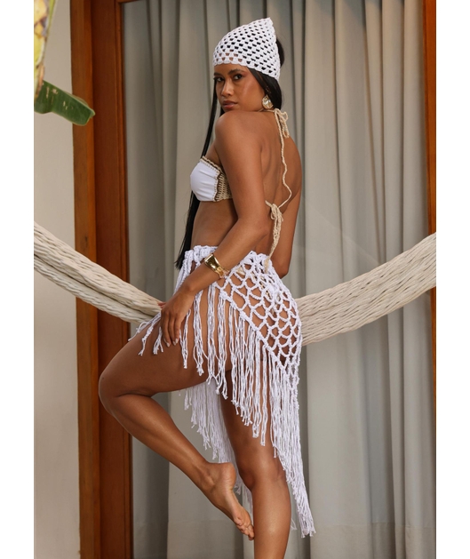SAÍDA DE PRAIA SAIA FRANJA NO CROCHÊ BRANCA COLEÇÃO HANDMADE