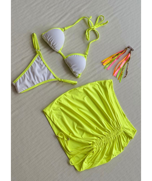 COMBO DE CARNAVAL BIQUÍNI CORTININHA BRANCO E MINI SAIA VERDE NEON COLEÇÃO ESQUENTA FOLIA