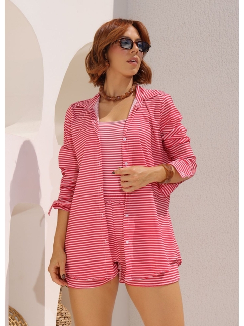 SAÍDA DE PRAIA CAMISA COM SHORT LISTRA VERMELHA COLECÃO VERÃO EUROPEU