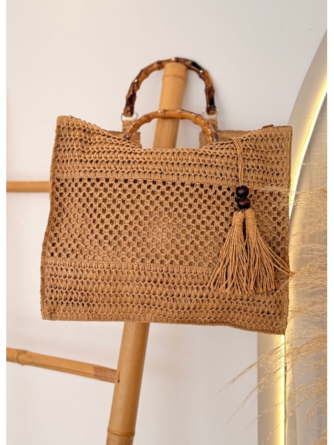 BOLSA DE PALHA GRANDE BEGE ALÇA DE BAMBUM