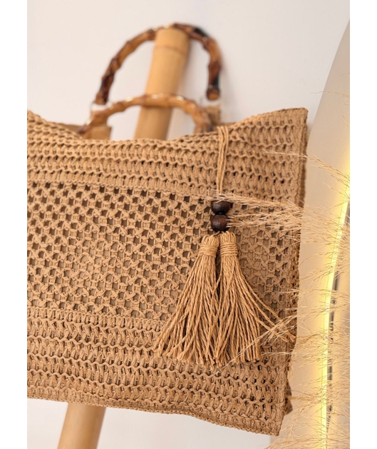BOLSA DE PALHA GRANDE BEGE ALÇA DE BAMBUM