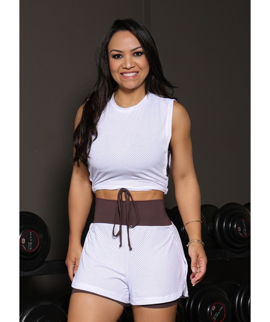 CONJUNTO FITNESS CROPPED COM SHORT DUPLO BRANCO COM MARROM COLEÇÃO FEBELA MOVE