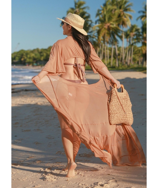 SAÍDA DE PRAIA LONGA COM AMARRAÇÃO NO TULE COR AREIA COLEÇÃO BRISA