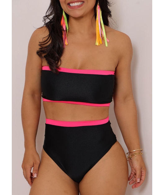 BIQUÍNI TOP FAIXA CALCINHA HOT PANTS PRETO COM ROSA NEON COLEÇÃO ESQUENTA FOLIA