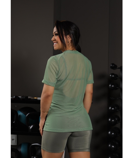 CAMISETA FITNESS NO TULE VERDE COLEÇÃO FEBELA MOVE