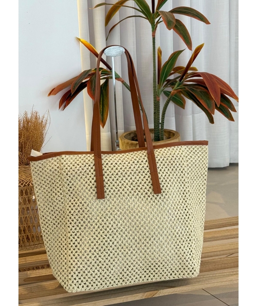 BOLSA DE PALHA GRANDE OFF WHITE ALÇAS MARROM
