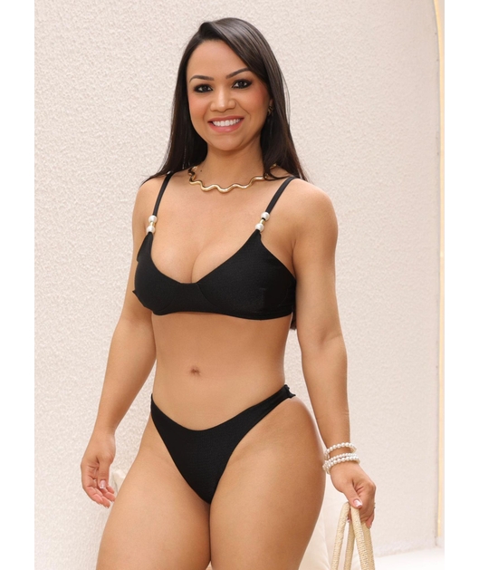 BIQUÍNI TOP PÉROLA CALCINHA ASA DELTA PRETO COLEÇÃO PARTIU PRAIA
