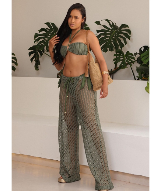 SAÍDA DE PRAIA CALÇA CROCHÊ VERDE MILITAR COLEÇÃO ATLÂNTICA