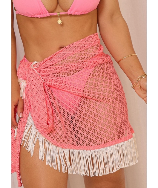 SAÍDA DE PRAIA PAREO CURTA COM FRANJA ROSA COLEÇÃO FOLIA