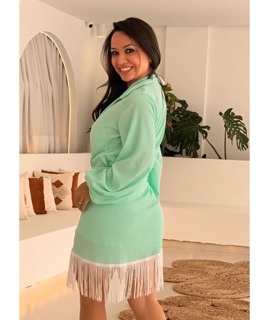 SAÍDA DE PRAIA CONJUNTO CHIFFON CAMISA COM PAREÔ DE FRANJA VERDE CLARO TGR5895