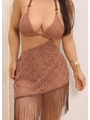 CONJUNTO DE BIQUÍNI CORTININHA CALCINHA DE AMARRAR COM SAIA DE FRANJA MARROM COLEÇÃO BRISA - 3