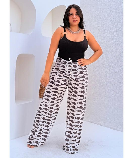 SAÍDA DE PRAIA CALÇA ESTAMPA MARÉ DE PEIXES PRETA COLEÇÃO SARDENHA