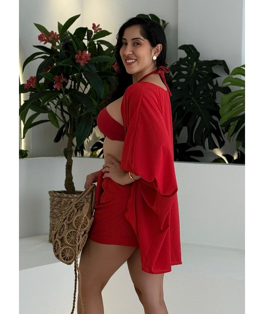 SAÍDA DE PRAIA KIMONO COM SHORT SAIA SEDINHA VERMELHA COLEÇÃO CALIENTE