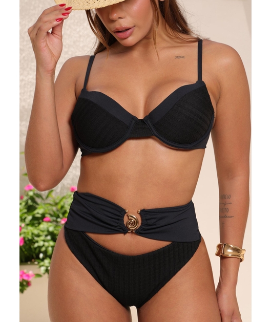 BIQUÍNI MEIA TAÇA CALCINHA ALTA PRETO COLEÇÃO VERANEIO