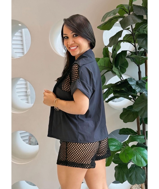 SAÍDA DE PRAIA CONJUNTO CAMISA COM SHORT NO ARRASTÃO PRETO M216