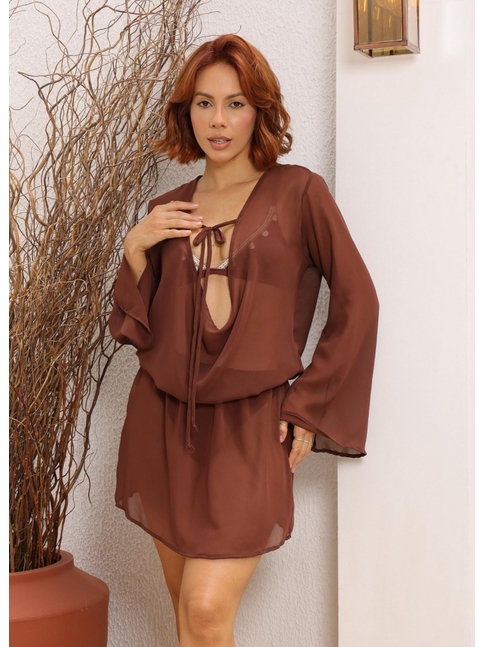 SAÍDA DE PRAIA MUSSELINE DECOTE CAÍDO MARROM COLEÇÃO TERRACOR
