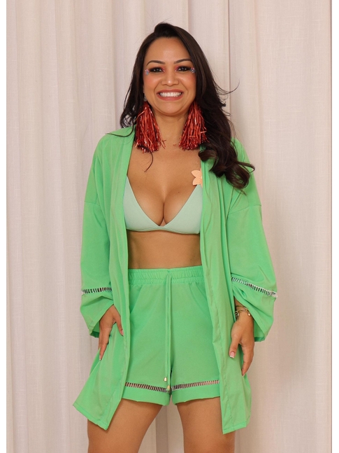 SAÍDA DE PRAIA CONJUNTO KIMONO COM SHORT VERDE COLEÇÃO FOLIA