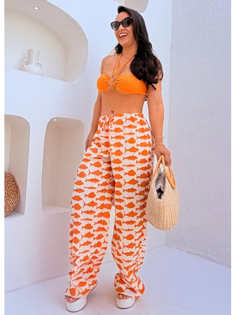 SAÍDA DE PRAIA CALÇA ESTAMPA MARÉ DE PEIXES LARANJADA COLEÇÃO SARDENHA