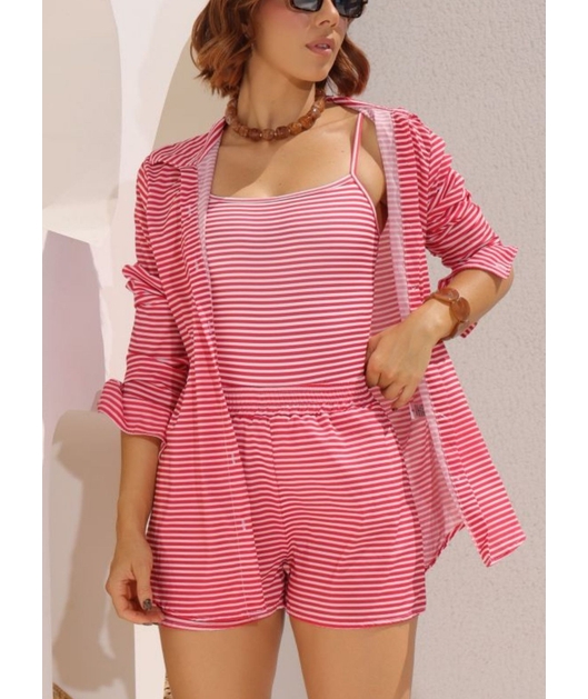 SAÍDA DE PRAIA CAMISA COM SHORT LISTRA VERMELHA COLECÃO VERÃO EUROPEU