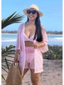 SAÍDA DE PRAIA KIMONO COM SHORT NO TULE EM LISTRA ROSA COLEÇÃO DULCE CARIBE - 1