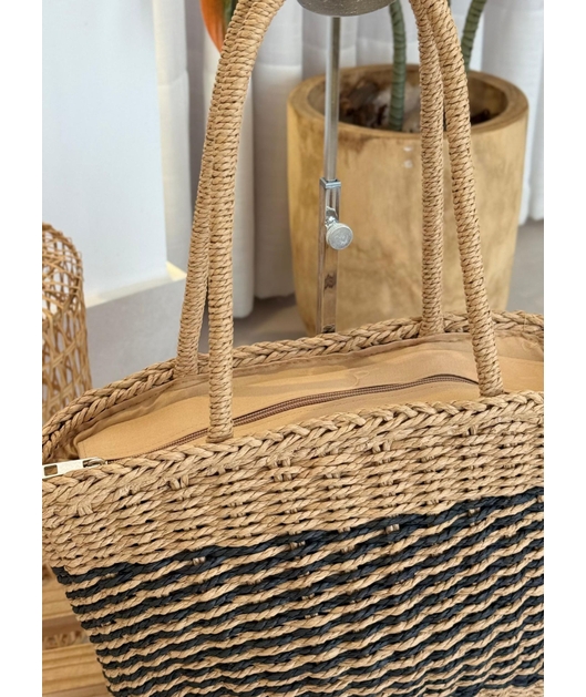 BOLSA DE PALHA MEDIA BEGE COM LISTRAS PRETA