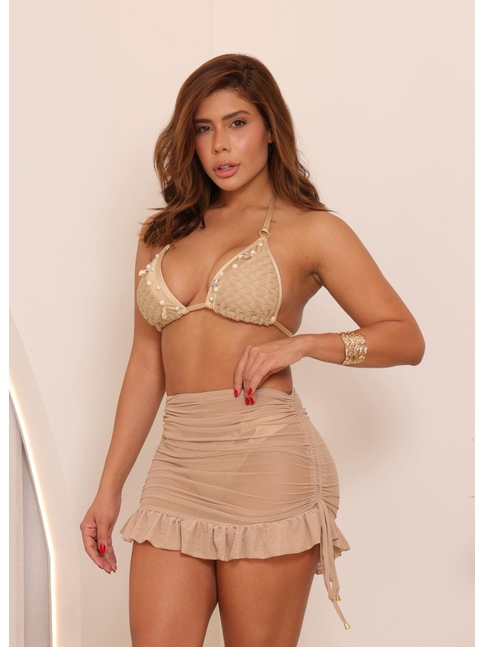 SAÍDA DE PRAIA NO TULE MINI SAIA PLISSADA NUDE COLEÇÃO FESTEJAR