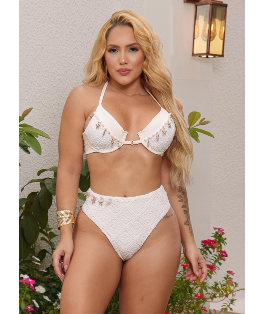 BIQUÍNI MEIA TAÇA CONHA CALCINHA ALTA BRANCO COLEÇÃO ESSÊNCIA BORDADAS