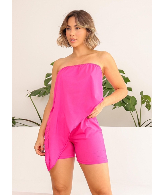SAÍDA DE PRAIA CONJUNTO TOP TOMARA Q CAIA COM SHORT ROSA COLEÇÃO TERRA DO SOL TRIO24