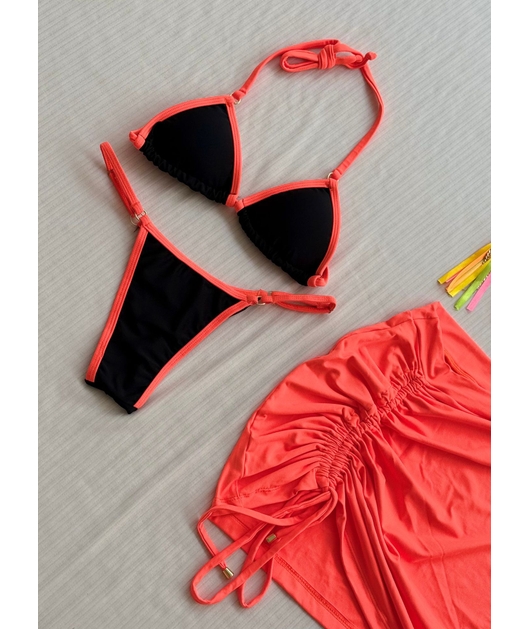 COMBO DE CARNAVAL BIQUÍNI CORTININHA PRETO E MINI SAIA LARANJA  NEON COLEÇÃO ESQUENTA FOLIA