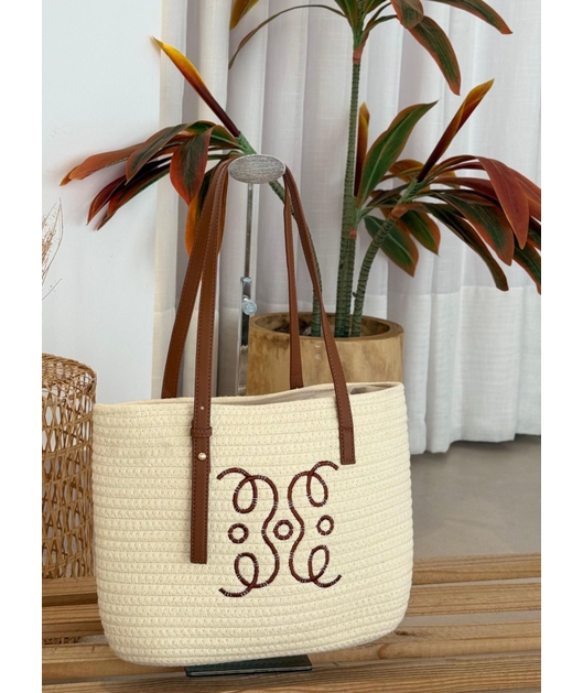BOLSA MEDIA OFF WHITE COM ALÇAS E BORDADO MARROM