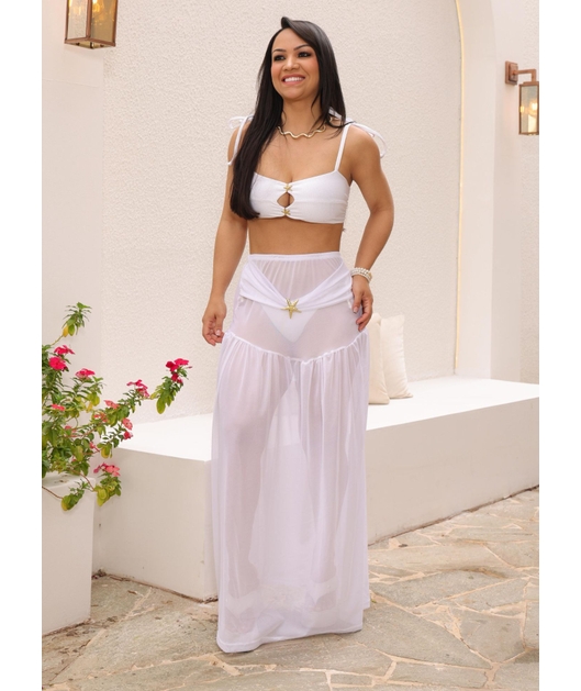 SAÍDA DE PRAIA SAIA LONGA ESTRELA NO TULE BRANCA  COLEÇÃO PARTIU PRAIA