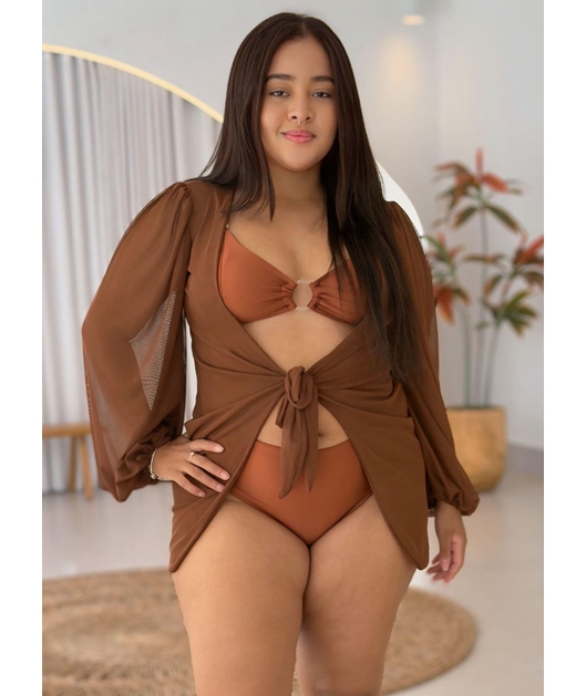 SAÍDA DE PRAIA MANGAS BUFANTES NO TULE MARROM