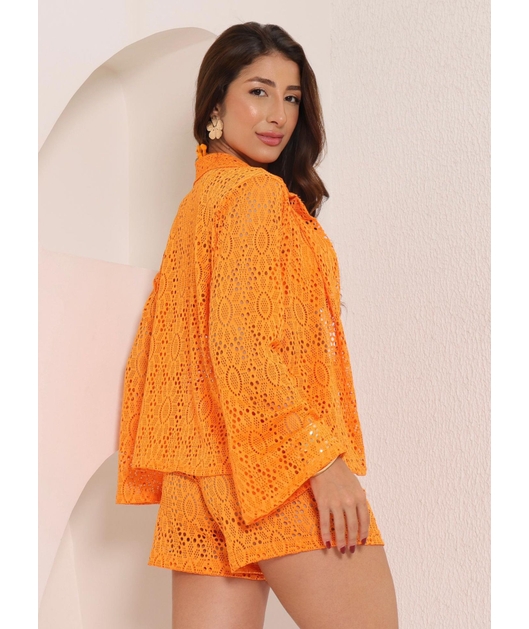 SAÍDA DE PRAIA CONJUNTO COM SHORT NO CROCHÊ LARANJADO COLEÇÃO PÉROLA