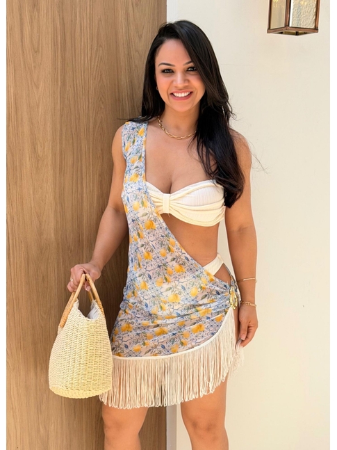 SAÍDA DE PRAIA NULA MANGA COM FRANJA ESTAMPA SICÍLIA COLEÇÃO FRUIT