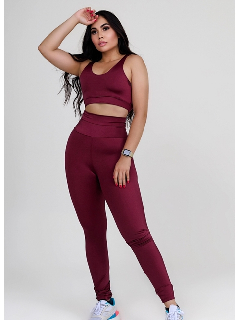 CONJUNTO FIT TRILOBAL TOP BASIC CALÇA COS ALTO FAIXA MALBEC