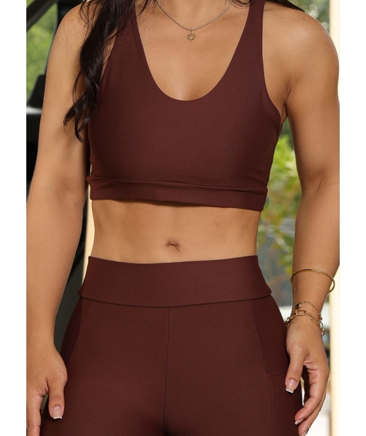 CONJUNTO FITNESS TOP BASIC COM SHORT MARROM COLEÇÃO FEBELA MOVE