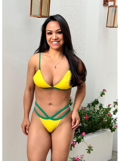 BIQUÍNI TRADICIONAL REGULADOR CALCINHA FITA DUPLA AMARELO COM VERDE LOOK1256