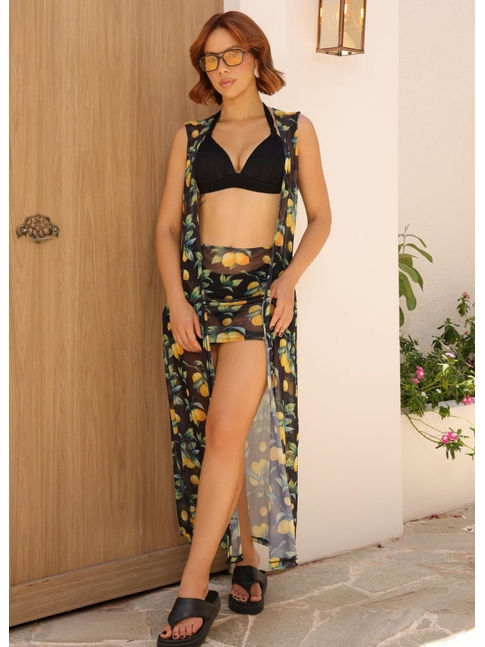 SAÍDA DE PRAIA CONJUNTO CAPA COM SAIA ESTAMPA LIMONE NERO COLEÇÃO FRUIT
