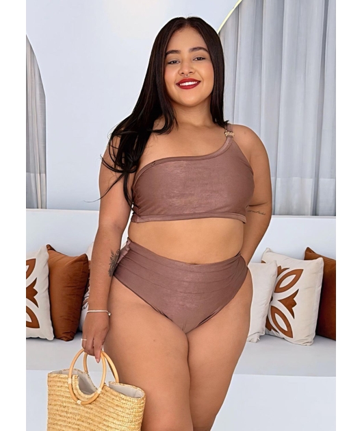BIQUÍNI TOP NULA MANGA CALCINHA ALTA MARROM