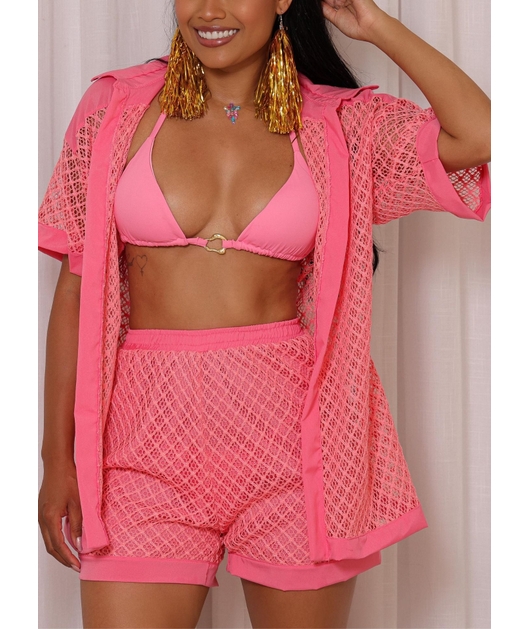 SAIDA DE PRAIA CONJUNTO CAMISA E SHORT ROSA COLEÇÃO FOLIA
