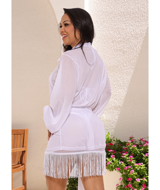 SAÍDA DE PRAIA CONJUNTO CAMISA COM PAREO NO TULE BRANCA COLEÇÃO ENTRE MARÉS